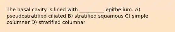 The nasal cavity is lined with __________ epithelium. A) pseudostratified ciliated B) stratified squamous C) simple columnar D) stratified columnar