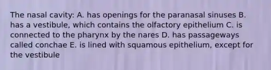 The nasal cavity: A. has openings for the paranasal sinuses B. has a vestibule, which contains the olfactory epithelium C. is connected to the pharynx by the nares D. has passageways called conchae E. is lined with squamous epithelium, except for the vestibule