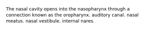 The nasal cavity opens into the nasopharynx through a connection known as the oropharynx. auditory canal. nasal meatus. nasal vestibule. internal nares.