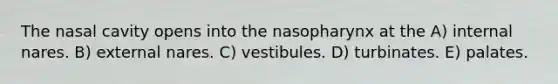 The nasal cavity opens into the nasopharynx at the A) internal nares. B) external nares. C) vestibules. D) turbinates. E) palates.