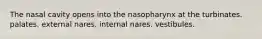 The nasal cavity opens into the nasopharynx at the turbinates. palates. external nares. internal nares. vestibules.