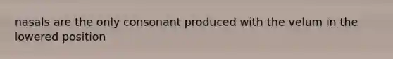 nasals are the only consonant produced with the velum in the lowered position