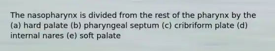 The nasopharynx is divided from the rest of the pharynx by the (a) hard palate (b) pharyngeal septum (c) cribriform plate (d) internal nares (e) soft palate