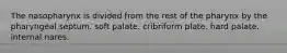 The nasopharynx is divided from the rest of the pharynx by the pharyngeal septum. soft palate. cribriform plate. hard palate. internal nares.