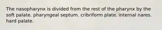 The nasopharynx is divided from the rest of the pharynx by the soft palate. pharyngeal septum. cribriform plate. internal nares. hard palate.