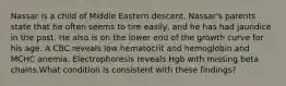 Nassar is a child of Middle Eastern descent. Nassar's parents state that he often seems to tire easily, and he has had jaundice in the past. He also is on the lower end of the growth curve for his age. A CBC reveals low hematocrit and hemoglobin and MCHC anemia. Electrophoresis reveals Hgb with missing beta chains.What condition is consistent with these findings?