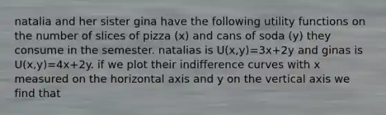 natalia and her sister gina have the following utility functions on the number of slices of pizza (x) and cans of soda (y) they consume in the semester. natalias is U(x,y)=3x+2y and ginas is U(x,y)=4x+2y. if we plot their indifference curves with x measured on the horizontal axis and y on the vertical axis we find that