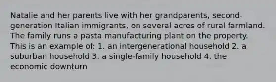 Natalie and her parents live with her grandparents, second-generation Italian immigrants, on several acres of rural farmland. The family runs a pasta manufacturing plant on the property. This is an example of: 1. an intergenerational household 2. a suburban household 3. a single-family household 4. the economic downturn