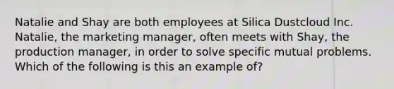 Natalie and Shay are both employees at Silica Dustcloud Inc. Natalie, the marketing manager, often meets with Shay, the production manager, in order to solve specific mutual problems. Which of the following is this an example of?