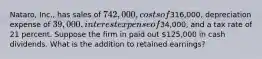 Nataro, Inc., has sales of 742,000, costs of316,000, depreciation expense of 39,000, interest expense of34,000, and a tax rate of 21 percent. Suppose the firm in paid out 125,000 in cash dividends. What is the addition to retained earnings?