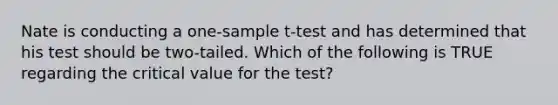 Nate is conducting a one-sample t-test and has determined that his test should be two-tailed. Which of the following is TRUE regarding the critical value for the test?