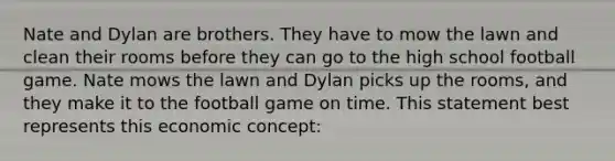 Nate and Dylan are brothers. They have to mow the lawn and clean their rooms before they can go to the high school football game. Nate mows the lawn and Dylan picks up the rooms, and they make it to the football game on time. This statement best represents this economic concept: