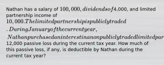 Nathan has a salary of 100,000, dividends of4,000, and limited partnership income of 10,000. The limited partnership is publicly traded. During January of the current year, Nathan purchased an interest in a nonpublicly traded limited partnership that will generate a12,000 passive loss during the current tax year. How much of this passive loss, if any, is deductible by Nathan during the current tax year?