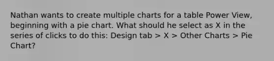 Nathan wants to create multiple charts for a table Power View, beginning with a pie chart. What should he select as X in the series of clicks to do this: Design tab > X > Other Charts > Pie Chart?