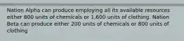 Nation Alpha can produce employing all its available resources either 800 units of chemicals or 1,600 units of clothing. Nation Beta can produce either 200 units of chemicals or 800 units of clothing