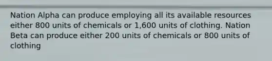 Nation Alpha can produce employing all its available resources either 800 units of chemicals or 1,600 units of clothing. Nation Beta can produce either 200 units of chemicals or 800 units of clothing