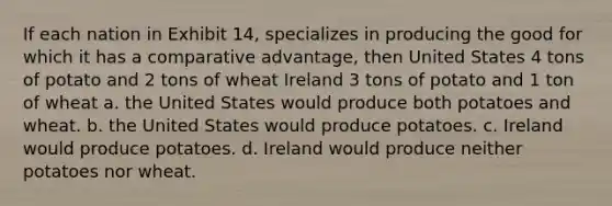 If each nation in Exhibit 14, specializes in producing the good for which it has a comparative advantage, then United States 4 tons of potato and 2 tons of wheat Ireland 3 tons of potato and 1 ton of wheat a. the United States would produce both potatoes and wheat. b. the United States would produce potatoes. c. Ireland would produce potatoes. d. Ireland would produce neither potatoes nor wheat.