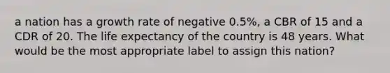 a nation has a growth rate of negative 0.5%, a CBR of 15 and a CDR of 20. The life expectancy of the country is 48 years. What would be the most appropriate label to assign this nation?