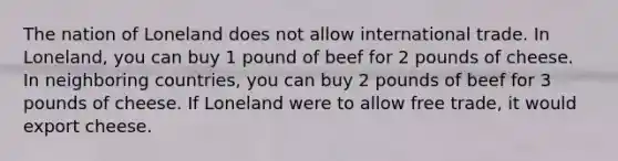 The nation of Loneland does not allow international trade. In Loneland, you can buy 1 pound of beef for 2 pounds of cheese. In neighboring countries, you can buy 2 pounds of beef for 3 pounds of cheese. If Loneland were to allow free trade, it would export cheese.