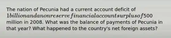 The nation of Pecunia had a current account deficit of 1 billion and a nonreserve financial account surplus of500 million in 2008. What was the balance of payments of Pecunia in that year? What happened to the country's net foreign assets?