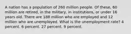 A nation has a population of 260 million people. Of these, 60 million are retired, in the military, in institutions, or under 16 years old. There are 188 million who are employed and 12 million who are unemployed. What is the unemployment rate? 4 percent. 6 percent. 27 percent. 9 percent.