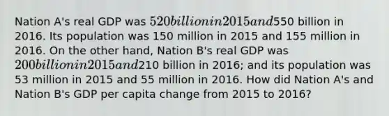 Nation A's real GDP was 520 billion in 2015 and550 billion in 2016. Its population was 150 million in 2015 and 155 million in 2016. On the other hand, Nation B's real GDP was 200 billion in 2015 and210 billion in 2016; and its population was 53 million in 2015 and 55 million in 2016. How did Nation A's and Nation B's GDP per capita change from 2015 to 2016?