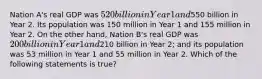 Nation A's real GDP was 520 billion in Year 1 and550 billion in Year 2. Its population was 150 million in Year 1 and 155 million in Year 2. On the other hand, Nation B's real GDP was 200 billion in Year 1 and210 billion in Year 2; and its population was 53 million in Year 1 and 55 million in Year 2. Which of the following statements is true?