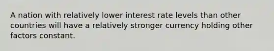 A nation with relatively lower interest rate levels than other countries will have a relatively stronger currency holding other factors constant.