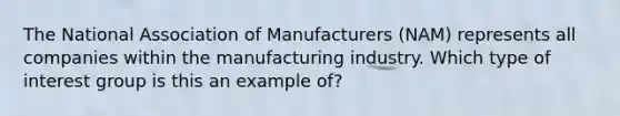 The National Association of Manufacturers (NAM) represents all companies within the manufacturing industry. Which type of interest group is this an example of?