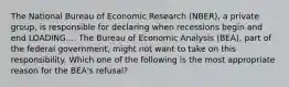 The National Bureau of Economic Research​ (NBER), a private​ group, is responsible for declaring when recessions begin and end LOADING.... The Bureau of Economic Analysis​ (BEA), part of the federal​ government, might not want to take on this responsibility. Which one of the following is the most appropriate reason for the​ BEA's refusal?