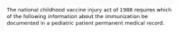 The national childhood vaccine injury act of 1988 requires which of the following information about the immunization be documented in a pediatric patient permanent medical record.