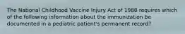 The National Childhood Vaccine Injury Act of 1988 requires which of the following information about the immunization be documented in a pediatric patient's permanent record?