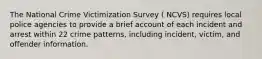 The National Crime Victimization Survey ( NCVS) requires local police agencies to provide a brief account of each incident and arrest within 22 crime patterns, including incident, victim, and offender information.