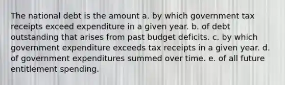 The national debt is the amount a. by which government tax receipts exceed expenditure in a given year. b. of debt outstanding that arises from past budget deficits. c. by which government expenditure exceeds tax receipts in a given year. d. of government expenditures summed over time. e. of all future entitlement spending.