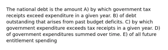 The national debt is the amount A) by which government tax receipts exceed expenditure in a given year. B) of debt outstanding that arises from past budget deficits. C) by which government expenditure exceeds tax receipts in a given year. D) of government expenditures summed over time. E) of all future entitlement spending