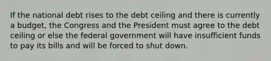 If the national debt rises to the debt ceiling and there is currently a budget, the Congress and the President must agree to the debt ceiling or else the federal government will have insufficient funds to pay its bills and will be forced to shut down.