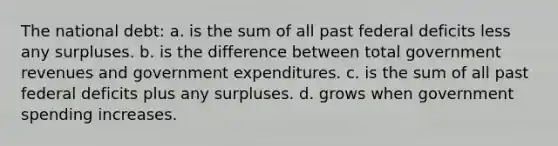 The national debt: a. is the sum of all past federal deficits less any surpluses. b. is the difference between total government revenues and government expenditures. c. is the sum of all past federal deficits plus any surpluses. d. grows when government spending increases.