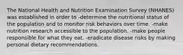 The National Health and Nutrition Examination Survey (NHANES) was established in order to -determine the nutritional status of the population and to monitor risk behaviors over time. -make nutrition research accessible to the population. -make people responsible for what they eat. -eradicate disease risks by making personal dietary recommendations.