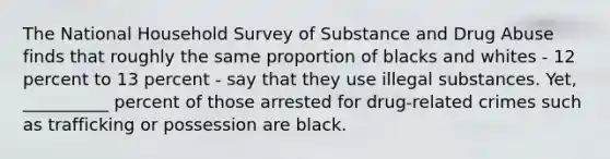 The National Household Survey of Substance and Drug Abuse finds that roughly the same proportion of blacks and whites - 12 percent to 13 percent - say that they use illegal substances. Yet, __________ percent of those arrested for drug-related crimes such as trafficking or possession are black.