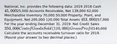 ​National, Inc. provides the following​ data: 2019 2018 Cash ​45,000 ​25,000 Accounts​ Receivable, Net ​138,000 ​62,000 Merchandise Inventory ​70,000 ​50,000 ​Property, Plant, and​ Equipment, Net ​200,000 ​120,000 Total Assets ​453,000 ​257,000 For the year ending December​ 31, 2019: Net Credit Sales ​250,000 Cost of Goods Sold ​(110,000) Gross Profit ​140,000 Calculate the accounts receivable turnover ratio for 2019.​ (Round your answer to two decimal​ places.)