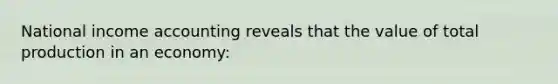 National income accounting reveals that the value of total production in an economy:
