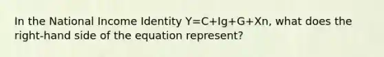 In the National Income Identity Y=C+Ig+G+Xn, what does the right-hand side of the equation represent?