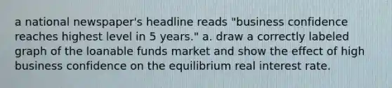 a national newspaper's headline reads "business confidence reaches highest level in 5 years." a. draw a correctly labeled graph of the loanable funds market and show the effect of high business confidence on the equilibrium real interest rate.