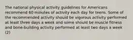 The national physical activity guidelines for Americans recommend 60 minutes of activity each day for teens. Some of the recommended activity should be vigorous activity performed at least three days a week and some should be muscle fitness and bone-building activity performed at least two days a week (2)