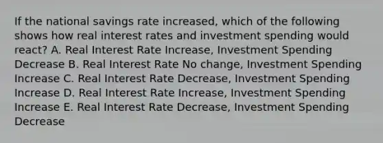 If the national savings rate increased, which of the following shows how real interest rates and investment spending would react? A. Real Interest Rate Increase, Investment Spending Decrease B. Real Interest Rate No change, Investment Spending Increase C. Real Interest Rate Decrease, Investment Spending Increase D. Real Interest Rate Increase, Investment Spending Increase E. Real Interest Rate Decrease, Investment Spending Decrease