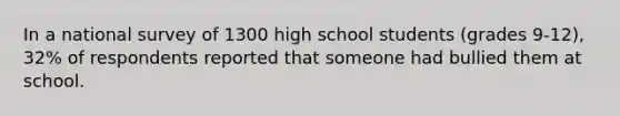 In a national survey of 1300 high school students (grades 9-12), 32% of respondents reported that someone had bullied them at school.