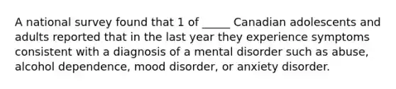 A national survey found that 1 of _____ Canadian adolescents and adults reported that in the last year they experience symptoms consistent with a diagnosis of a mental disorder such as abuse, alcohol dependence, mood disorder, or anxiety disorder.