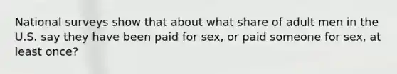 National surveys show that about what share of adult men in the U.S. say they have been paid for sex, or paid someone for sex, at least once?