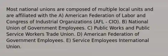 Most national unions are composed of multiple local units and are affiliated with the A) American Federation of Labor and Congress of Industrial Organizations (AFL - CIO). B) National Union of Government Employees. C) Public Works and Public Service Workers Trade Union. D) American Federation of Government Employees. E) Service Employees International Union.