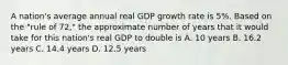 A nation's average annual real GDP growth rate is 5%. Based on the "rule of 72," the approximate number of years that it would take for this nation's real GDP to double is A. 10 years B. 16.2 years C. 14.4 years D. 12.5 years